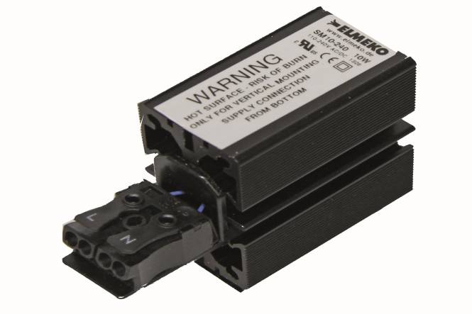 Elektrische Komponente mit einem Warnschild, das besagt: „Heiße Oberfläche – Verbrennungsgefahr. Stromversorgung von unten anschließen.