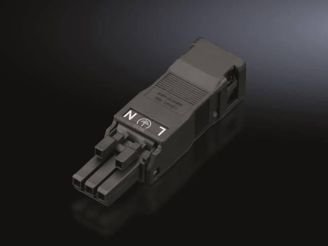 Ein schwarzer elektrischer Stecker mit Symbolen und den Buchstaben „L