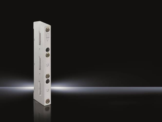 Ein vertikales Metallgerät vor schwarzem Hintergrund mit Spotlight-Effekt, das drei kreisförmige Öffnungen und zwei rechteckige Schlitze zeigt.