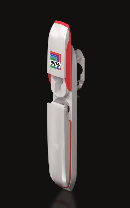 Ein schlankes, vertikales weißes Griff mit roten Akzenten, mit dem Rittal-Logo oben, entworfen für die Verwendung an Schränken oder Gehäusen.