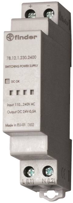 Ein Schaltnetzteil mit einem Eingang von 110-240V, 5A und einem Ausgang von 24V, 0,5A. Hergestellt in der EU, Modell DO2. DC-OK-Anzeige vorhanden.