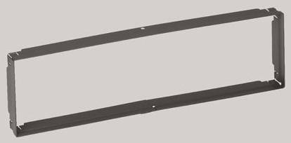 Zwei lange, parallele schwarze Metallstreifen mit kleinen Löchern, wahrscheinlich Teile eines Rahmens oder einer Halterung, auf einem neutralfarbigen Hintergrund platziert.