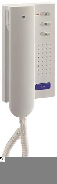 Ein weißes Telefon-Sprechanlagesystem mit einem Hörer auf der linken Seite und einem Lautsprecher mit einer blauen 