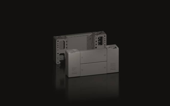 Elektronisches Gerät auf schwarzem Hintergrund mit mehreren rechteckigen Modulen, die miteinander verbunden sind und ein schlankes, minimalistisches Design präsentieren.