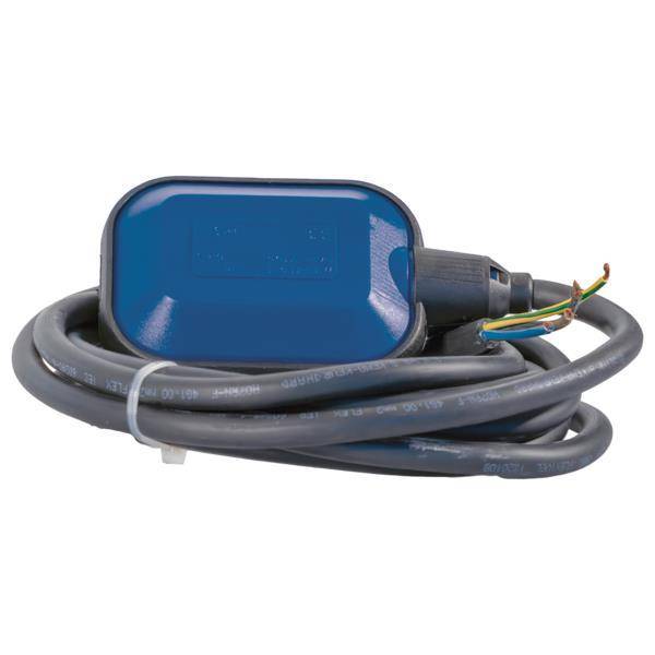 Ein blauer Schwimmschalter mit aufgerolltem schwarzem Kabel und freiliegenden Drähten, verwendet zur Kontrolle von Flüssigkeitsständen in Tanks.