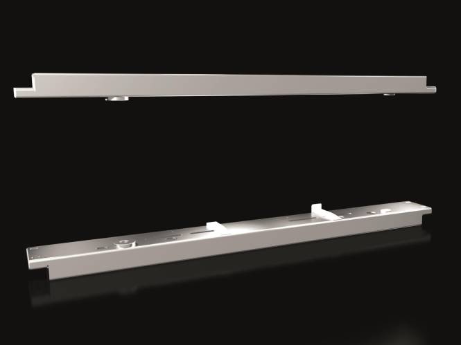 Ein modernes, elegantes Leuchtenelement mit zwei parallelen horizontalen Stäben, die ein weiches, weißes Licht ausstrahlen, vor einem dunklen Hintergrund.