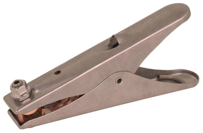 Ein metallischer Krokodilklemme mit einfachem, robustem Design, häufig verwendet, um elektrische Stromkreise vorübergehend zu verbinden.