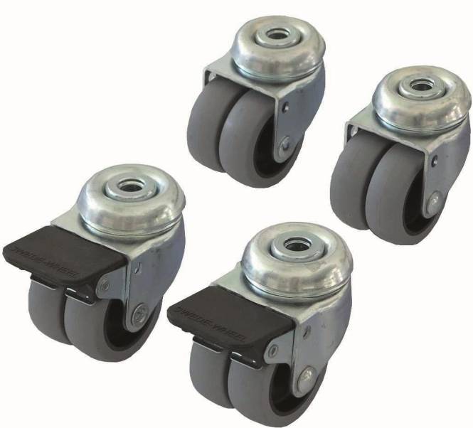 Vier graue Drehrolle mit Metallunterseiten, jede mit zwei Rädern und einem Bremsmechanismus, geeignet für die Möbelmobilität.