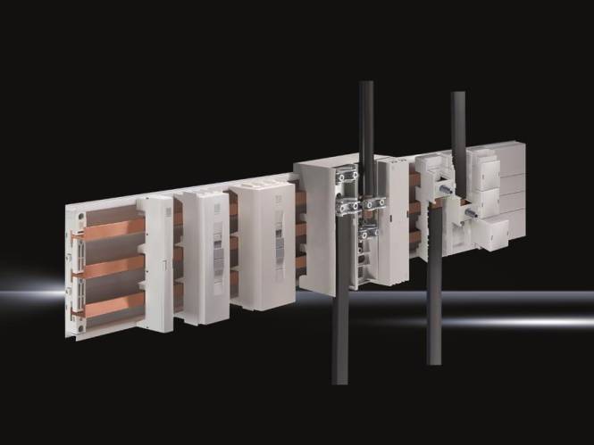 Stromschienensystem mit modularen Komponenten vor dunklem Hintergrund, das Konnektivität und Strukturdetails zeigt.