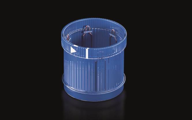 Ein durchsichtiger blauer zylindrischer Behälter mit vertikalen Rillen, vor einem schwarzen Hintergrund aufgestellt. Sein Zweck oder Inhalt sind nicht sichtbar.