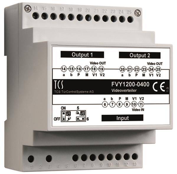 Elektrisches Gerät mit gekennzeichneten Anschlüssen für Ein- und Ausgänge, gekennzeichnet als „FVY1200-0400 Videoverteiler