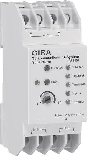 GIRA Türkommunikations Schaltaktor' Bedienfeld mit Tasten, Drehschalter von 1 bis 10 und Spezifikationen: 230V, 10 A, 1289 00.