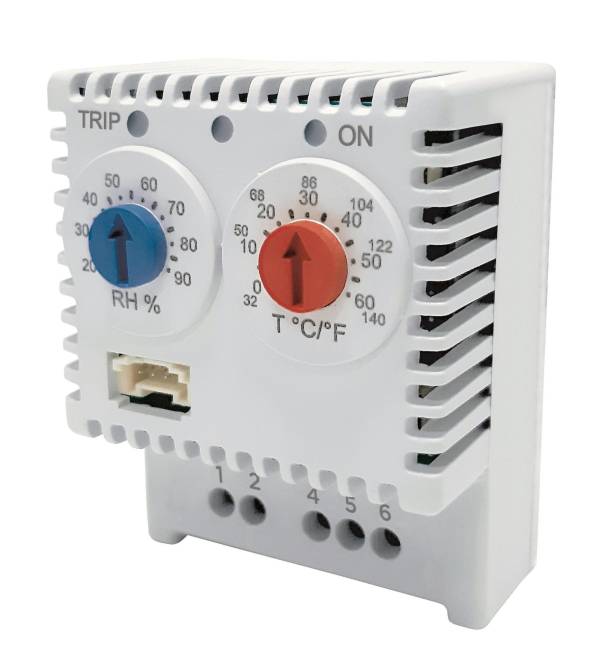 Weißes Thermostat mit zwei Reglern: links für relative Luftfeuchte (RH%) mit blauem Pfeil, rechts für Temperatur (°C/°F) mit rotem Pfeil.