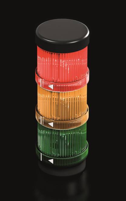 Ein vertikaler Stapel aus drei übereinanderstehenden Signalleuchten in Rot, Orange und Grün mit nach rechts weisenden Pfeilen, die eine Abfolge oder Reihenfolge anzeigen.