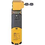 Sicherheitsschalter mit gelbschwarzer Farbgebung, ausgestattet mit Schließmechanismus und gekennzeichnet mit technischen Spezifikationen und Logos.