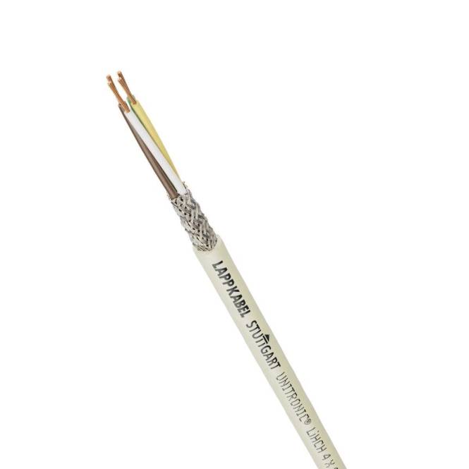 Ein graues elektrisches Überspannungsschutzgerät wird neben einem aufgerollten schwarzen und roten Kabel gezeigt. Das Gerät verfügt über mehrere beschriftete Anschlüsse.