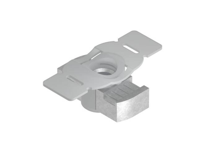 Ein metallischer, zylindrischer Verriegelungsnockenmechanismus mit flachen Flügeln auf jeder Seite, der in verstellbaren Verbindungssystemen und Möbelmontagesystemen verwendet wird.