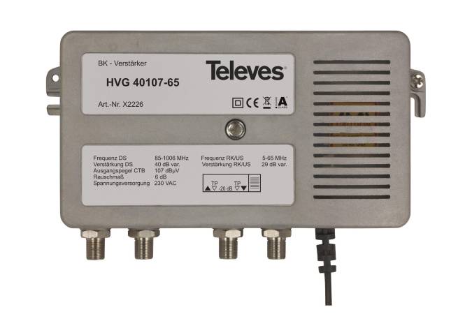Televes BK-Guss-Verstärker HVG40107-65 40dB CTB 107dB 5-1006MHz RK 28dB Install.Baumaterial