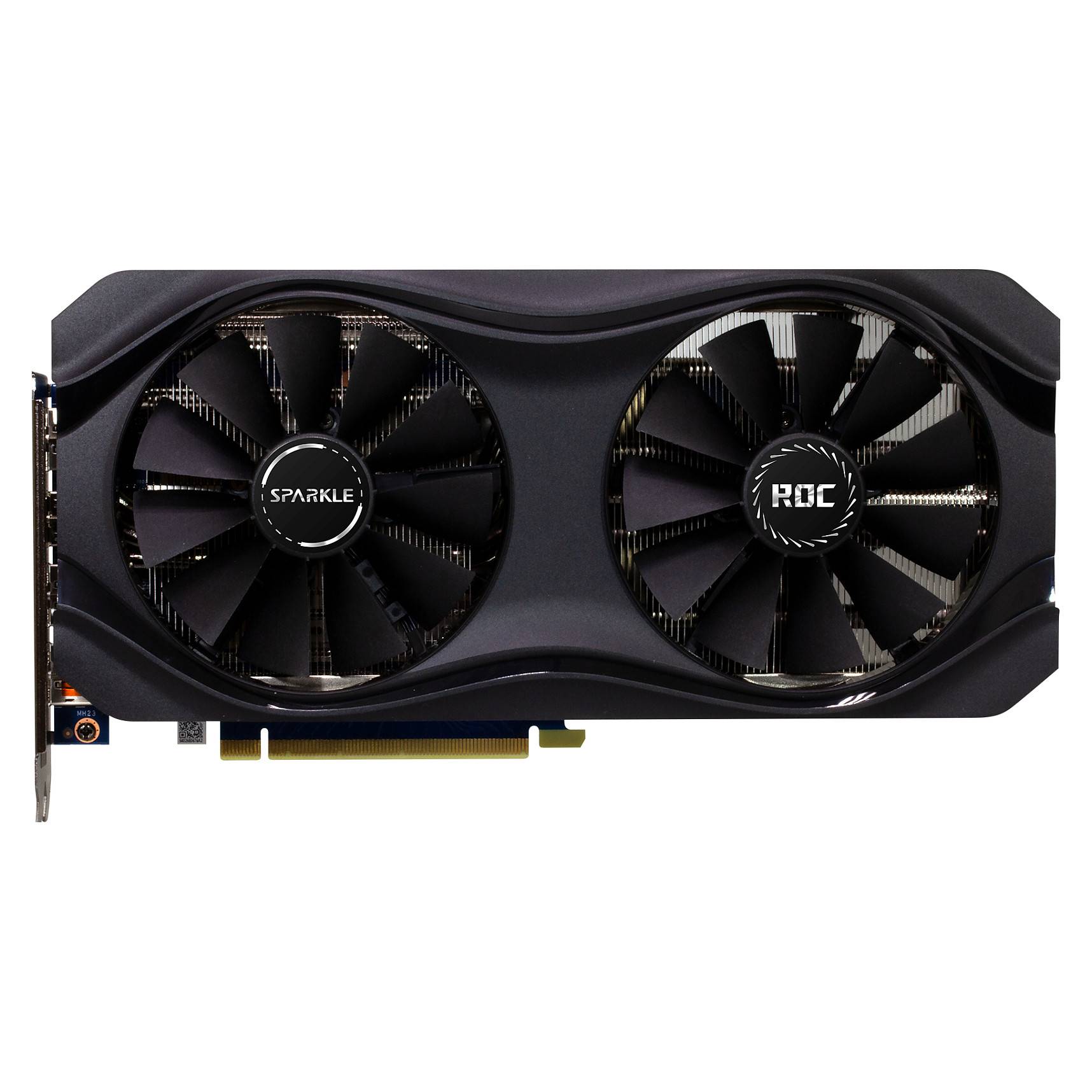 Eine schwarze Grafikkarte mit zwei großen Kühlventilatoren mit den Bezeichnungen „Sparkle