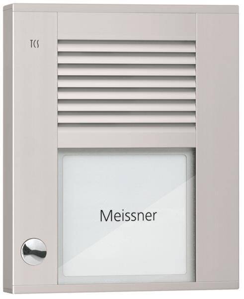 Gegensprechanlage mit einem Lautsprechergitter und einem Namensschild mit der Aufschrift „Meissner