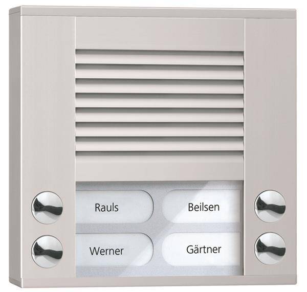 Ein metallisches rechteckiges Gegensprechgerät mit vier Tasten mit den Aufschriften „Rauls