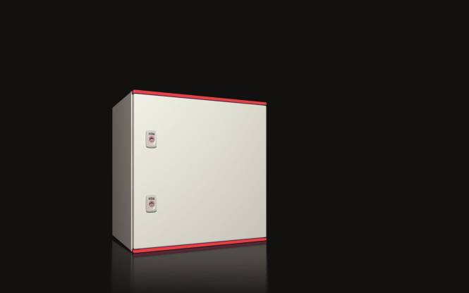 Ein weißer rechteckiger Schrank mit roten Kanten vor schwarzem Hintergrund, ausgestattet mit zwei kleinen Griffen.