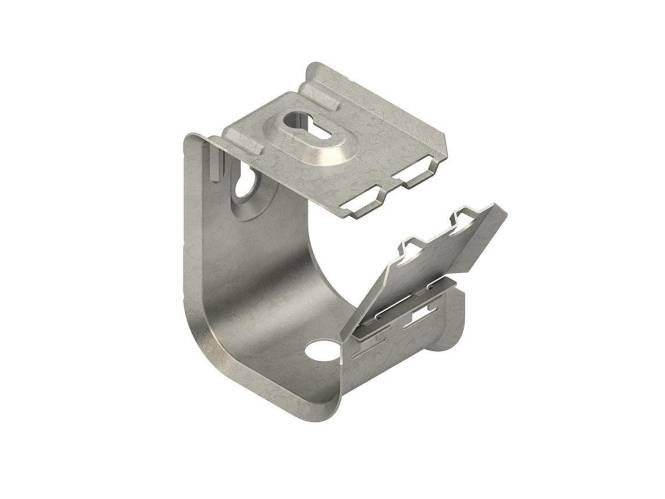 Eine kleine, metallische, L-förmige Montageklammer mit Verriegelungslaschen und einem zentralen Loch zur sicheren Befestigung.