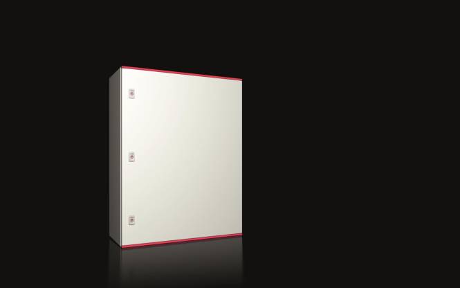 Ein weißer, rechteckiger Schrank mit roten Kanten vor schwarzem Hintergrund, aus einem Winkel betrachtet, der zwei sichtbare Türen zeigt.