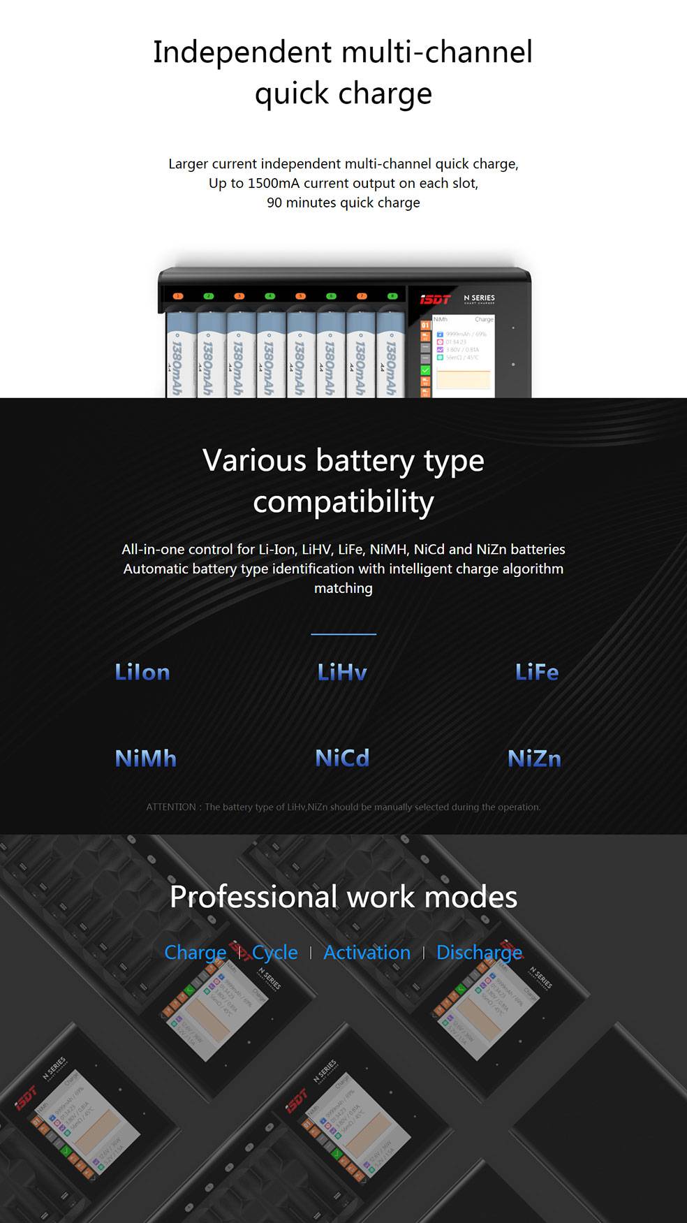 Ein Batterieladegerät, das mit Li-Ion-, LiHV-, LiFe-, NiMH-, NiCd- und NiZn-Typen kompatibel ist und eine automatische Batterietypenerkennung bietet.