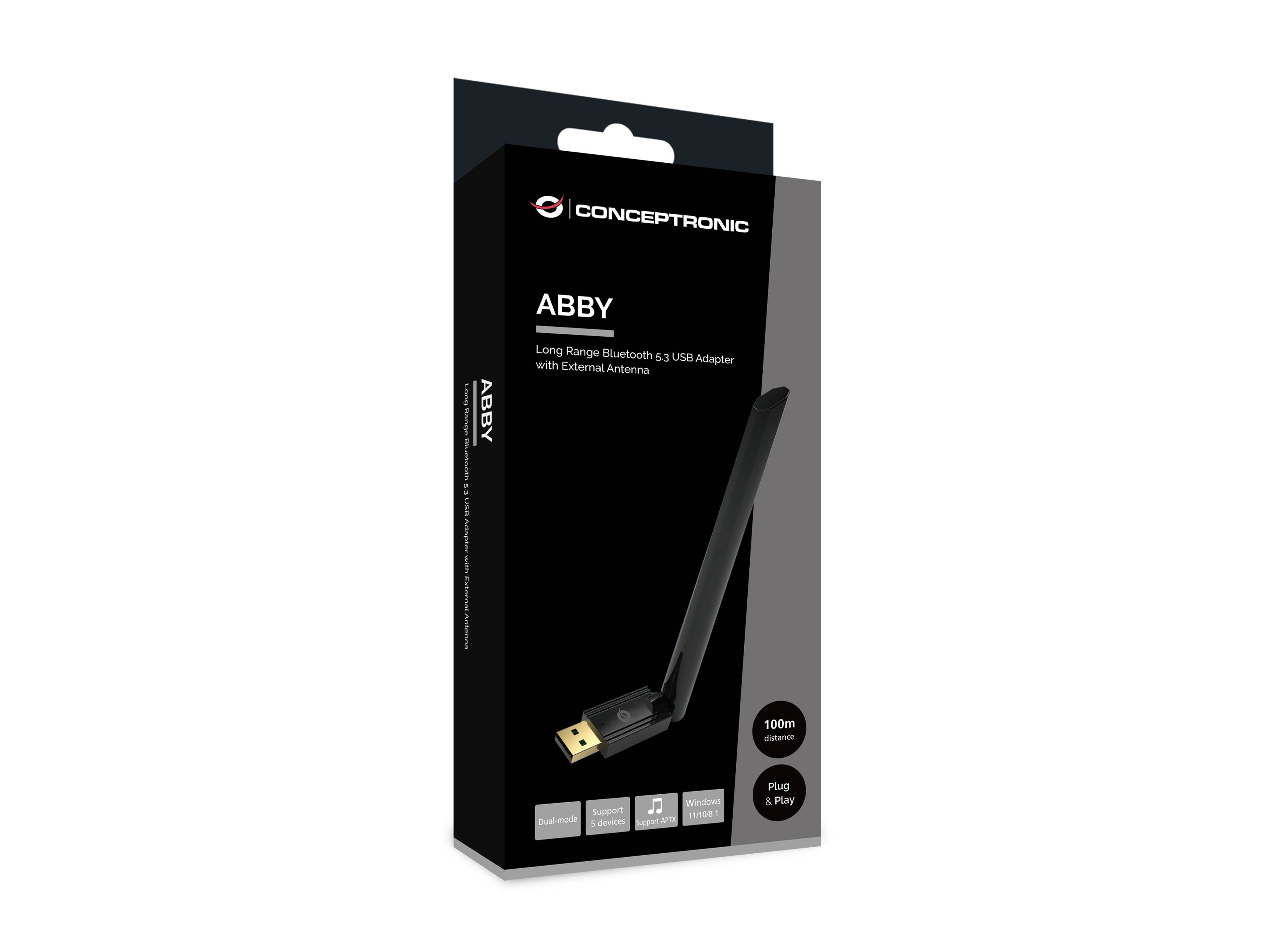 Conceptronic ABBY17B USB-Bluetooth 5.3-Adapter mit externer Antenne und hoher Reichweite - Eingebaut - Kabellos - USB - Bluetooth - 3 Mbit/s