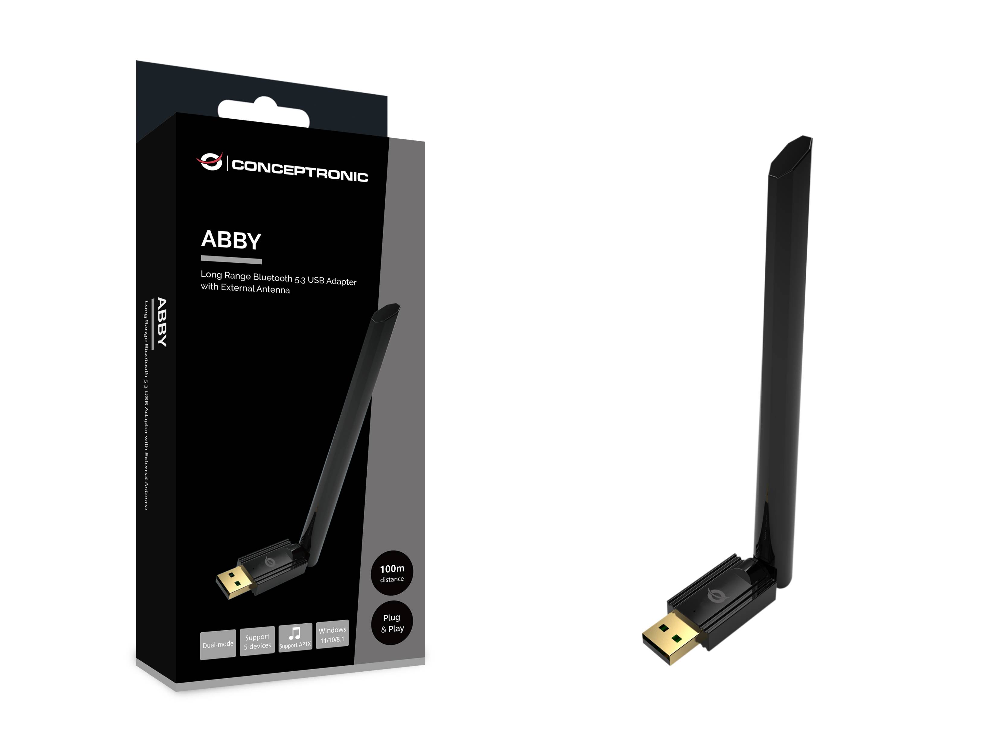Conceptronic ABBY17B USB-Bluetooth 5.3-Adapter mit externer Antenne und hoher Reichweite - Eingebaut - Kabellos - USB - Bluetooth - 3 Mbit/s