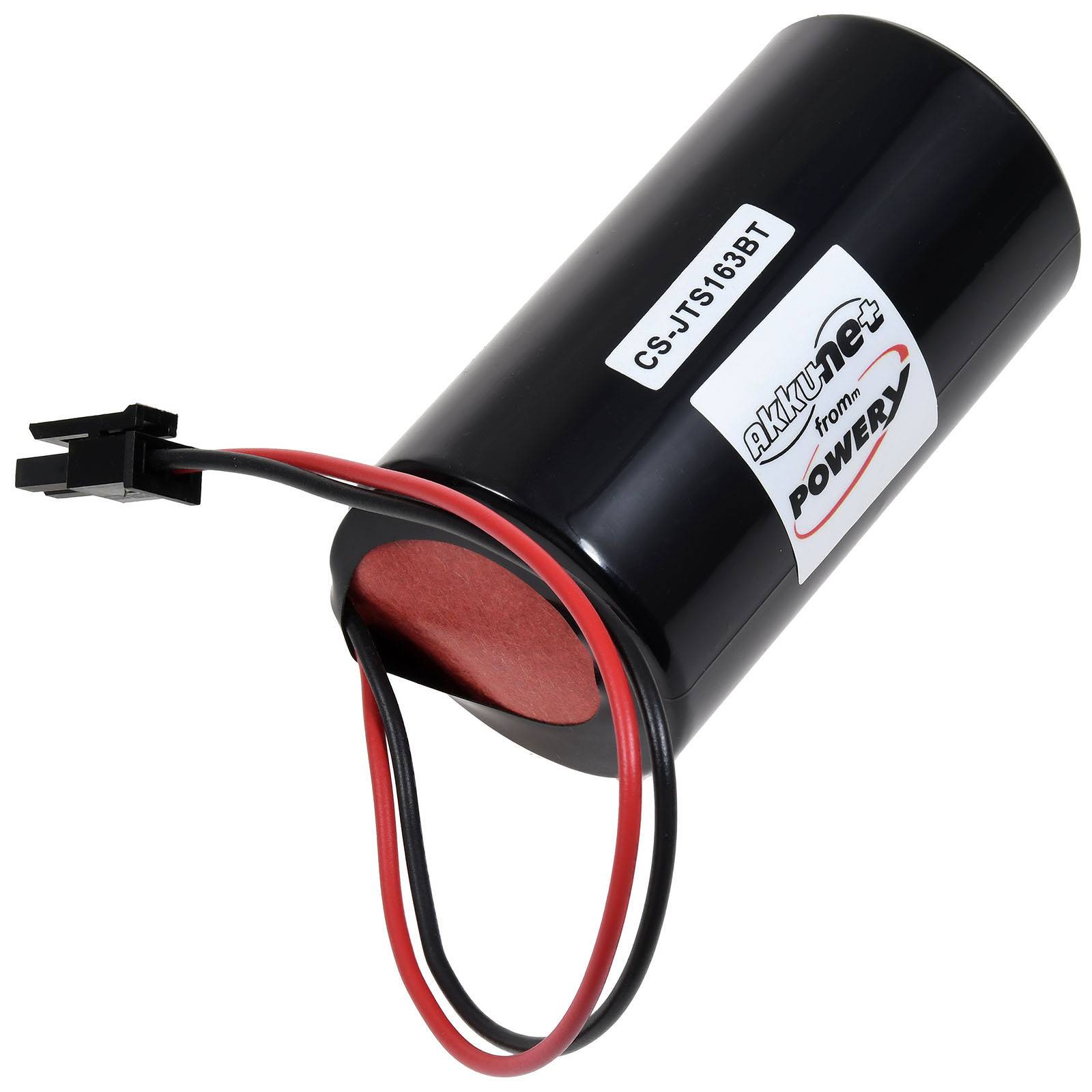 Schwarze zylindrische Batterie mit rot und schwarz angebrachten Drähten, gekennzeichnet mit „CSTJ1S163BT
