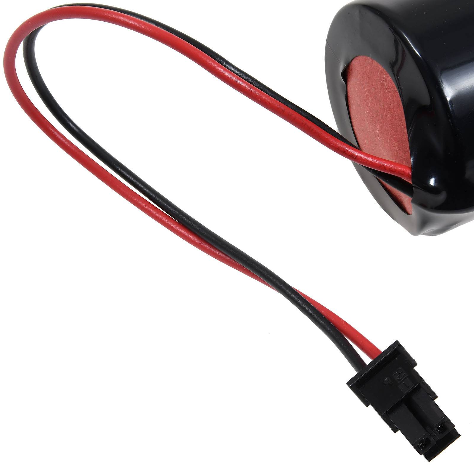 Ein Piezo-Summer mit roten und schwarzen Drähten und einem schwarzen Kunststoffgehäuse, das häufig in elektronischen Schaltungen für Soundwarnungen oder Alarme verwendet wird.