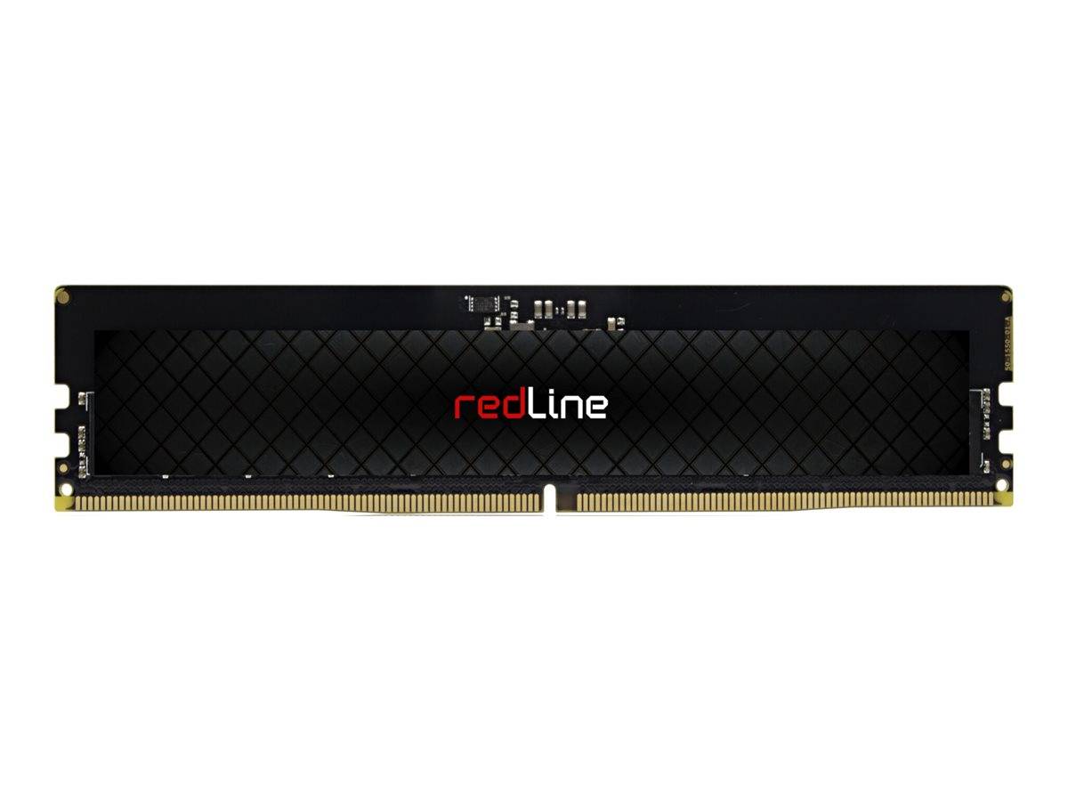 Schwarzes Redline-Computerarbeitsspeichermodul auf weißem Hintergrund, mit vergoldeten Kontaktstiften und rotem und weißem 