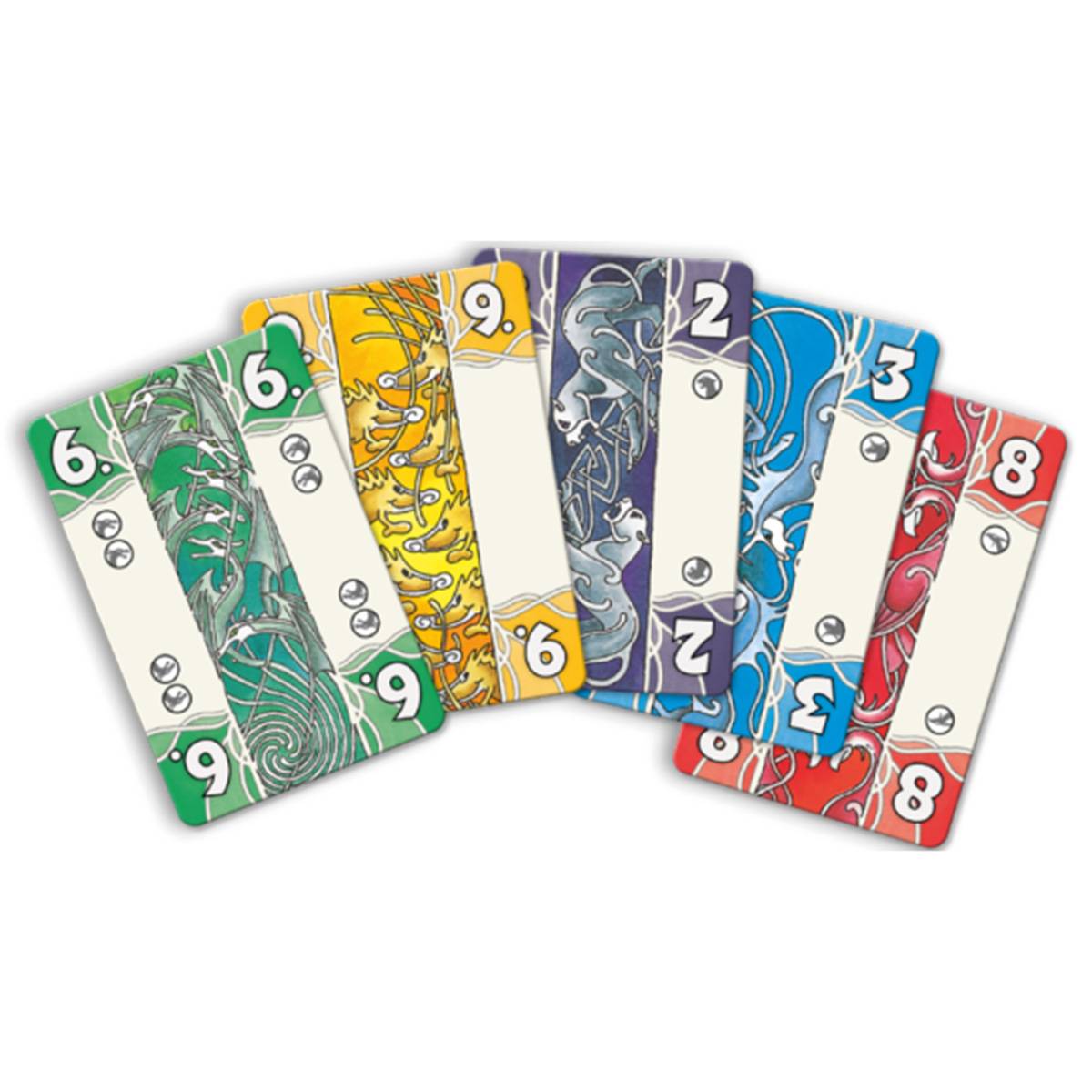 Ein Fächer aus bunten UNO-ähnlichen Umkehrkarten mit den Zahlen 6, 9, 2, 3 und 8 in Grün, Gelb, Blau und Rot.