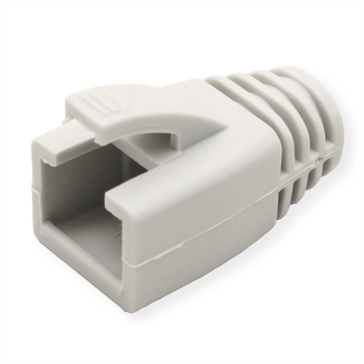 Eine Nahaufnahme einer grauen RJ45-Netzwerkstecker-Schutzhülle, die zum Schutz von Verbindungen und zum Befestigen von Kabeln in Ethernet-Netzwerk-Setups verwendet wird.