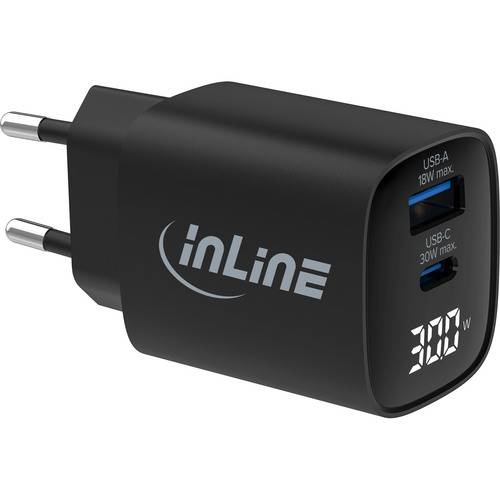 InLine® USB PD Netzteil, GaN Ladegerät, QC, USB-C + USB-A, 30W, mit Display Strom / Energie / USB