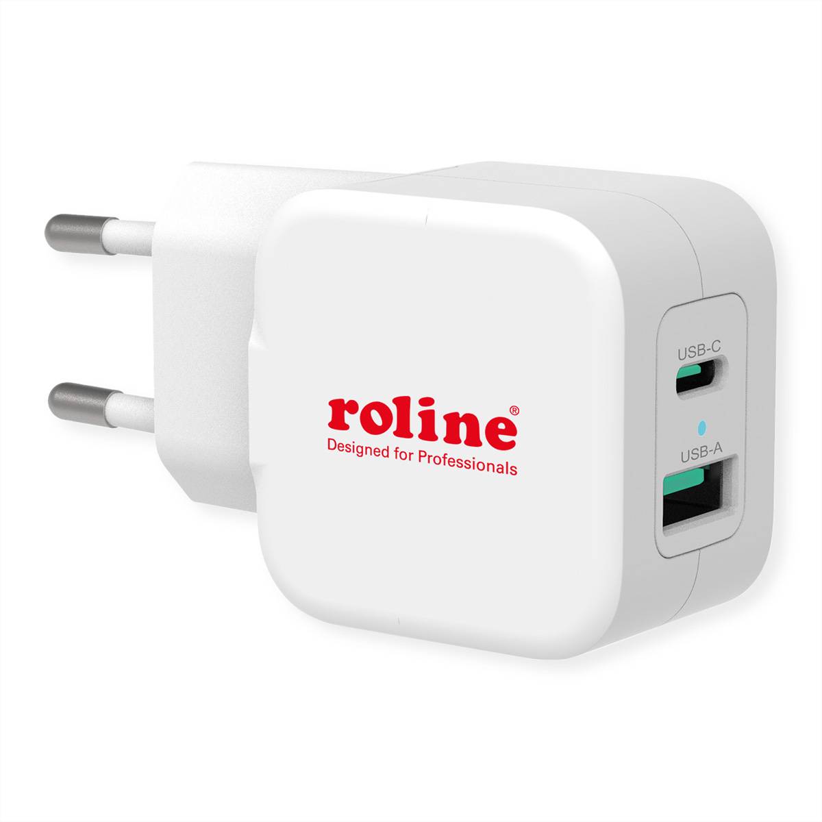 ROLINE USB Charger mit Euro-Stecker, 2 Port (Typ-A QC3.0, Typ-C PD), 20W Spannungswandler USB
