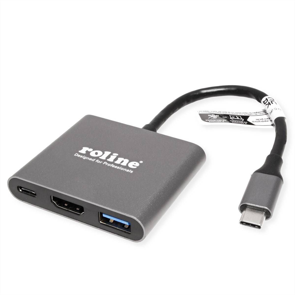 Ein kompakter Hub mit USB-C-Anschluss, mit HDMI-, USB-A- und USB-C-Anschlüssen, geeignet zur Erweiterung der Konnektivitätsoptionen für Geräte.