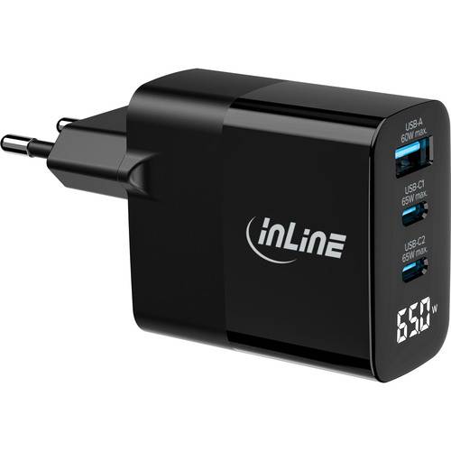 InLine® USB PD Netzteil, GaN Ladegerät, 3-Port, USB-C + USB-A, 65W, mit Display Strom / Energie /