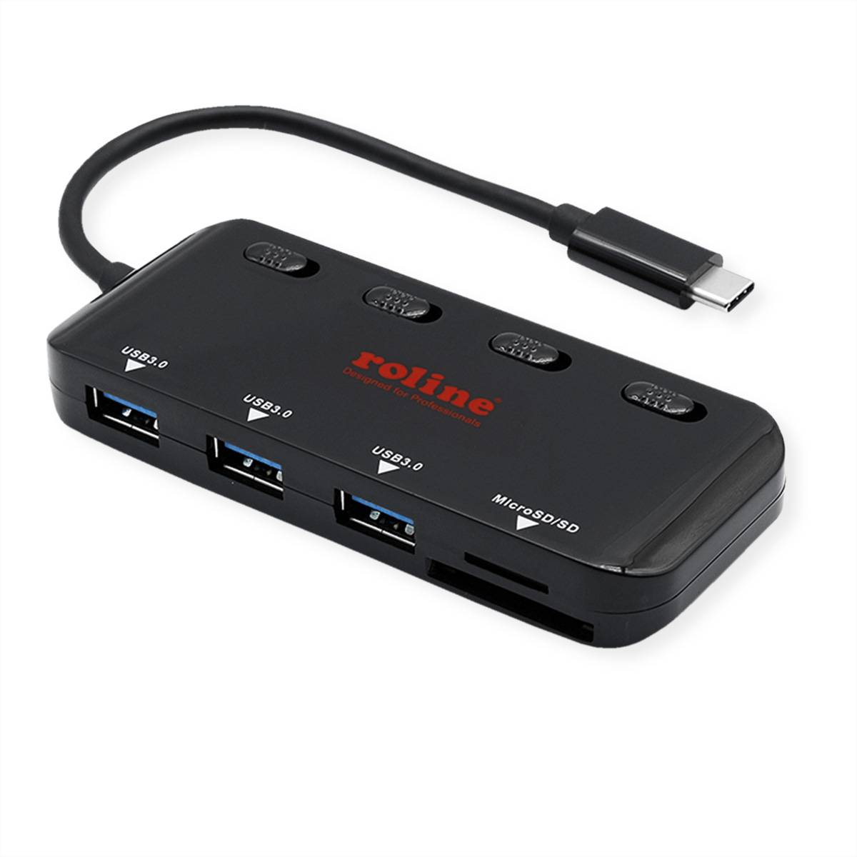 ROLINE USB 3.2 Gen 1 Hub, 3fach, Typ C Anschlusskabel, mit CardReader, Ports einzeln schaltbar / und