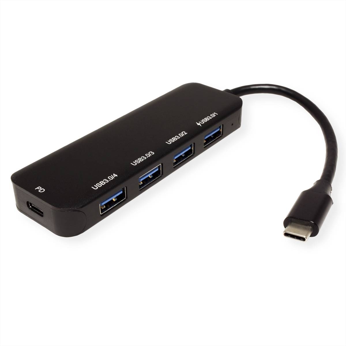 VALUE USB 3.2 Gen 1 Hub, 4fach, Typ C Anschlusskabel, mit 1 PD-Port Eingabe / Ausgabe und Hubs