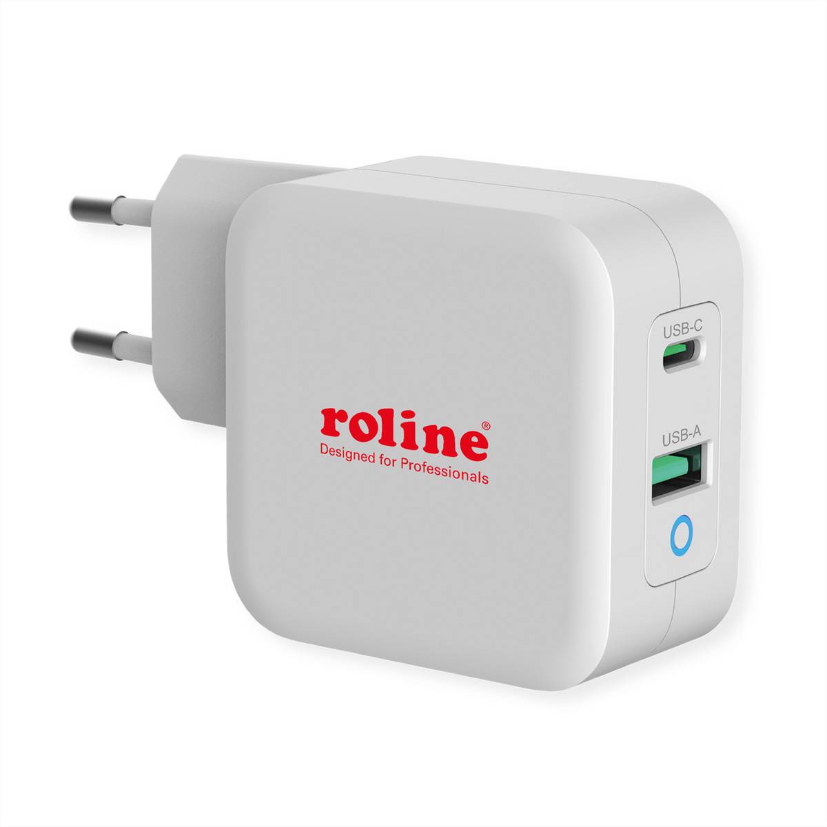 ROLINE USB Charger mit Euro-Stecker, 2 Port (Typ-A QC3.0, Typ-C PD), 65W Spannungswandler USB
