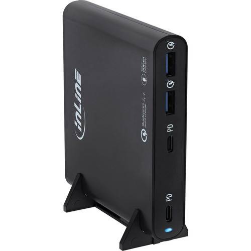 Schwarze Ladestation mit Quick Charge-Technologie und mehreren USB-C- und USB-A-Anschlüssen. Für den Einsatz auf dem Schreibtisch mit Ständer konzipiert.