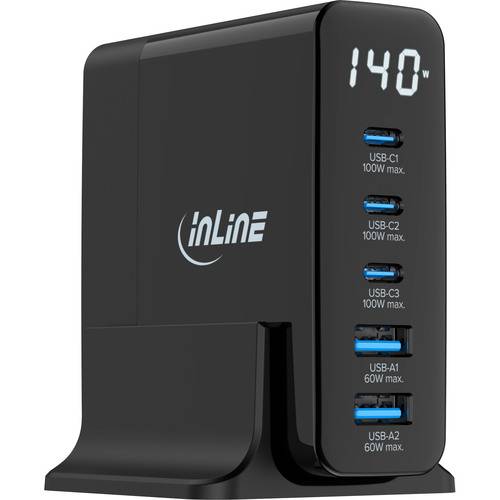 InLine® USB PD Netzteil, GaN Ladegerät, 5-Port, USB-C + USB-A, 140W, mit Display Strom / Energie /