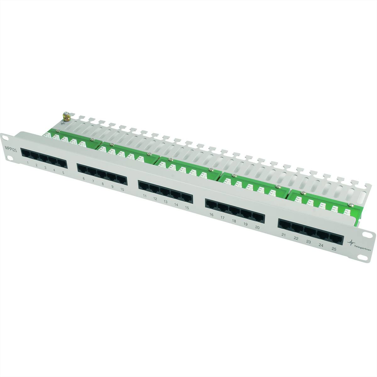 TELEGÄRTNER 19 Patch Panel, ISDN/TEL, 1HE, MPPI25-H Cat.3 ungeschirmt, RAL 7035 Patchfelder