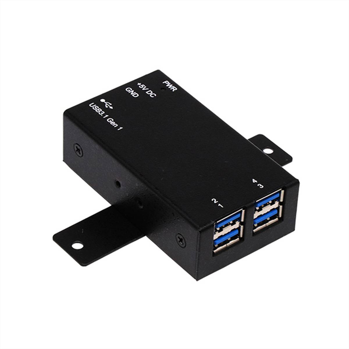 Ein schwarzer USB-Hub mit vier USB-3.1-Anschlüssen und Befestigungsklammen, beschriftet mit Strom- und Datenspezifikationen, vor weißem Hintergrund dargestellt.