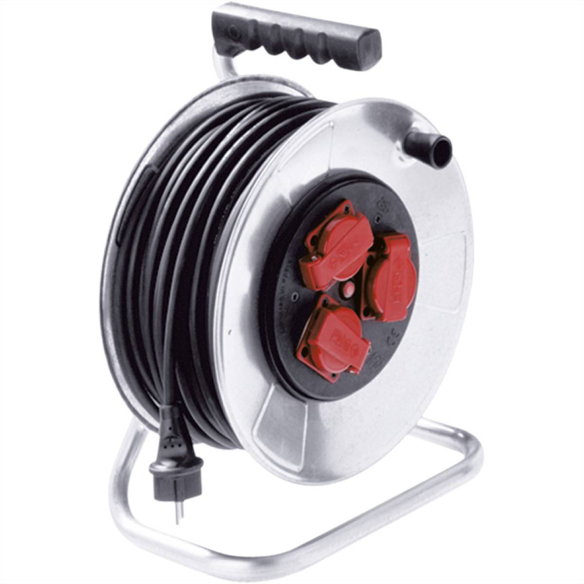 BACHMANN Stahlblechkabeltrommel 3-f. 50m, H05RR-F 3G1,5mm, IP44 Steckdosenleisten Kabeltrommel