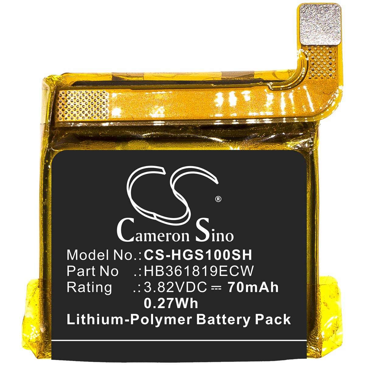 Lithium-Polymer-Batteripack, Cameron Sino, Modell CS-HGS100SH, Teil HB361819ECW, 3,82V DC, 70mAh, 0,27Wh, gelbes und schwarzes Gehäuse.
