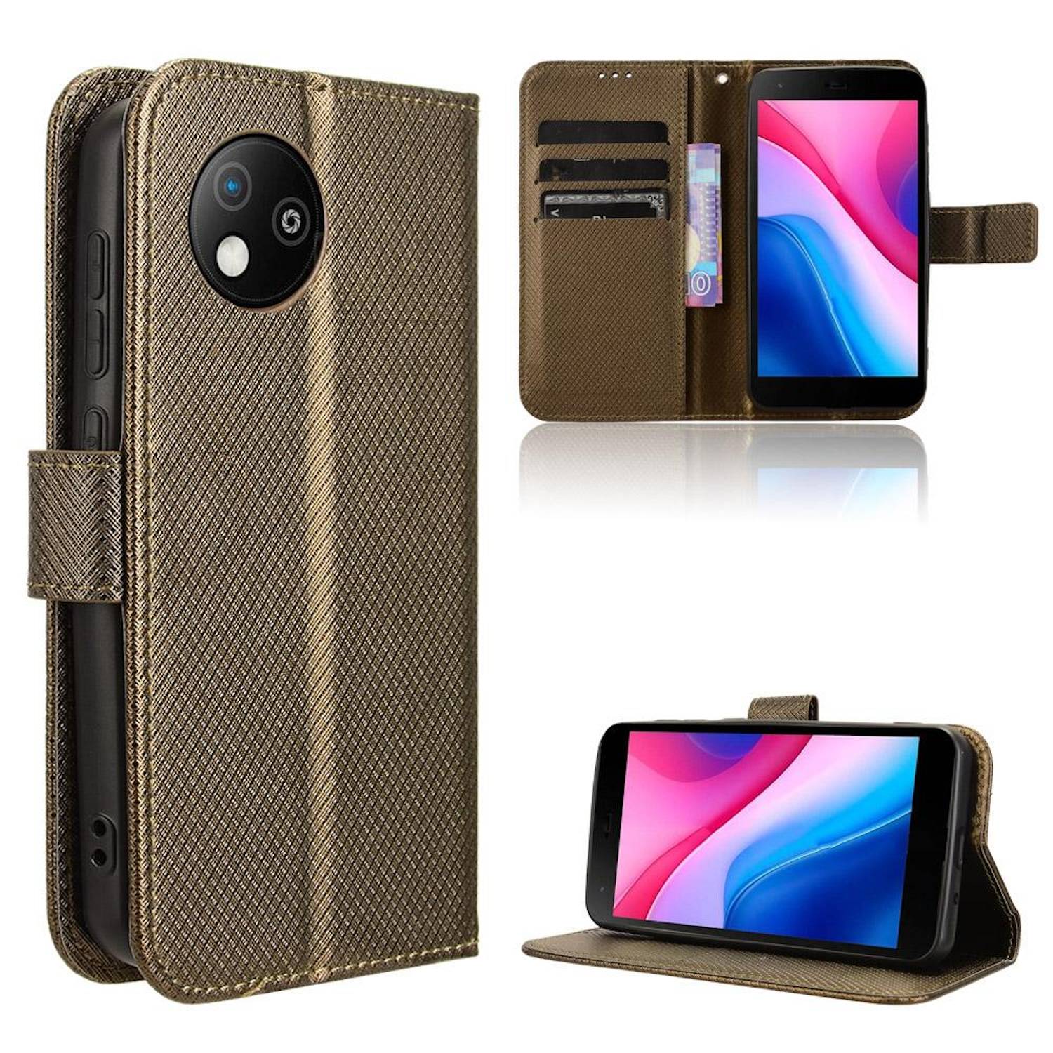 Für ZTE Blade A35 Lite Diamantstruktur Design Book Wallet Kunstleder Hülle Tasche Braun